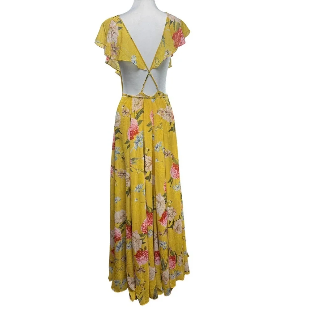 Yumi Kim Maxi Dress Small‎  Yellow Floral Ruffle V-Neck Open Back Boho Summer